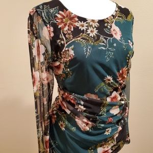 INC sheer Blouse with beautiful floral design. Medium, earth tones, dark jade.
